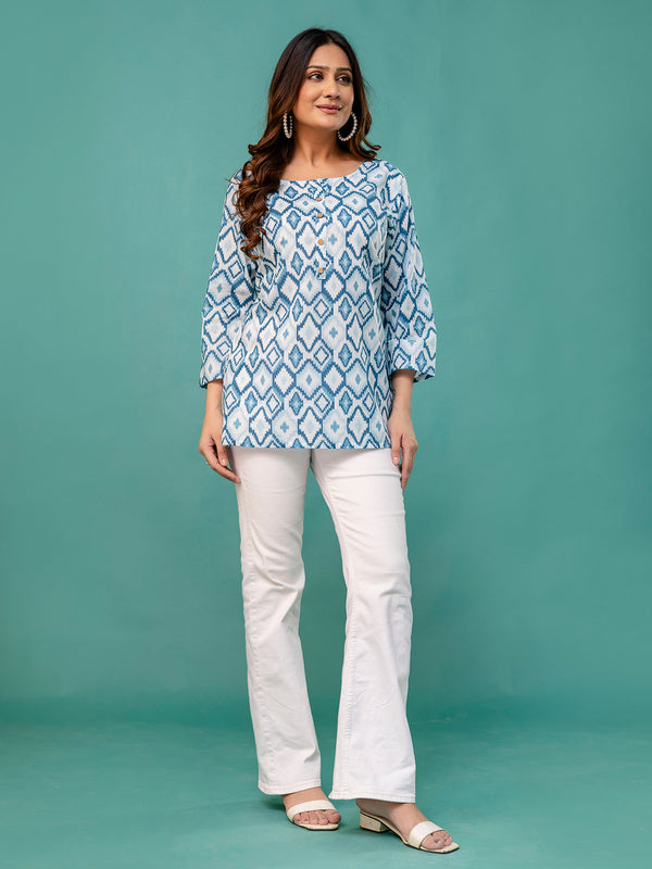 Chic Printed Short Kurti with Round Neck & 3/4 Sleeves