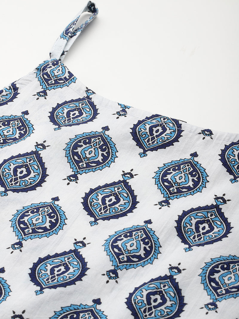 Relaxed fit strappy sleeveless top digitally printed on linen fabric.  | Size- Small  |  Colour - White, Blue