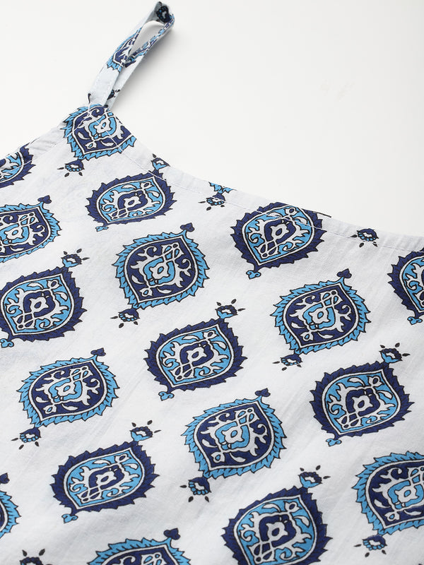 Relaxed fit strappy sleeveless top digitally printed on linen fabric.  | Size- Small  |  Colour - White, Blue