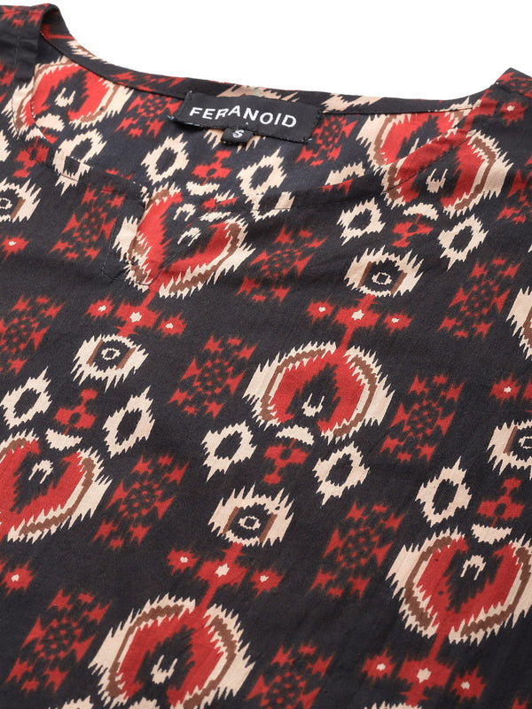 Black Printed Cotton Night Suit with V-Neck Kurti & Ankle-Length Pants