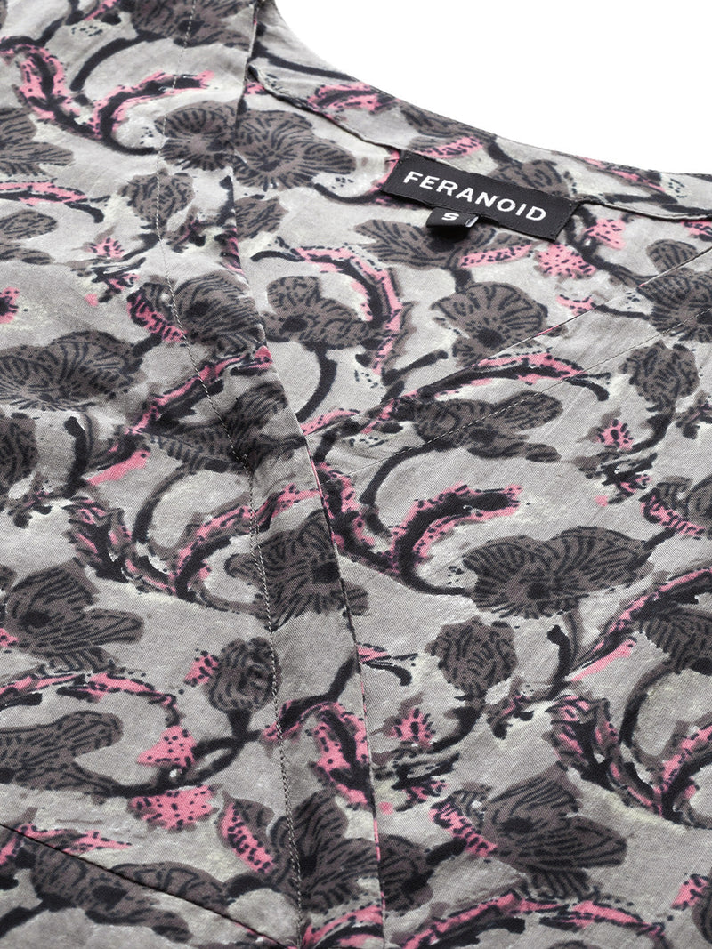 Floral Print Angrakha 3\4 Sleeves Flared Kurti