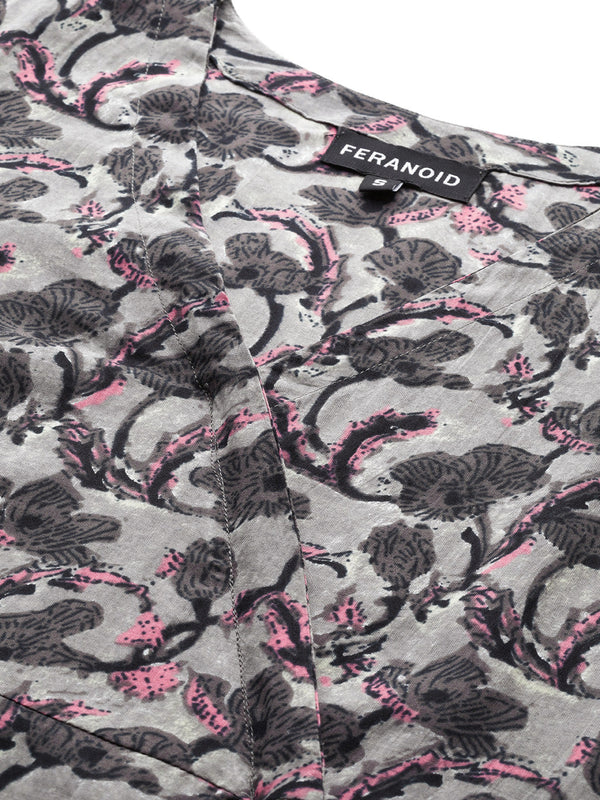 Floral Print Angrakha 3\4 Sleeves Flared Kurti
