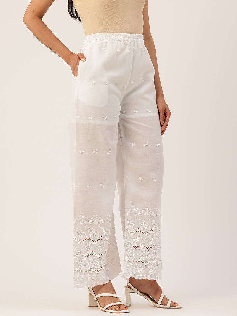 White Embroidered Palazzos–Fully Lined, Elastic Waist & Ankle-Length with Side Pocket