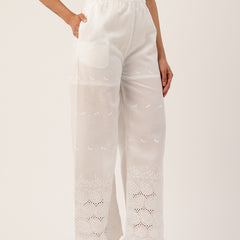 White Embroidered Palazzos–Fully Lined, Elastic Waist & Ankle-Length with Side Pocket