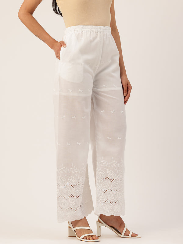 White Embroidered Palazzos–Fully Lined, Elastic Waist & Ankle-Length with Side Pocket
