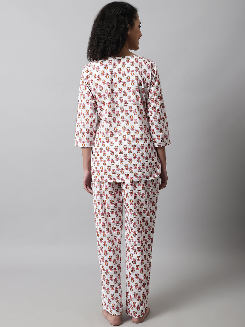 White Printed Cotton Night Suit with V-Neck Kurti & Ankle-Length Pants