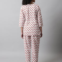 White Printed Cotton Night Suit with V-Neck Kurti & Ankle-Length Pants