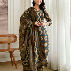 Bordered V-Neck 3-Piece Kurta Set with Ankle-Length Pants & Full-Length Dupatta (M–XXL)