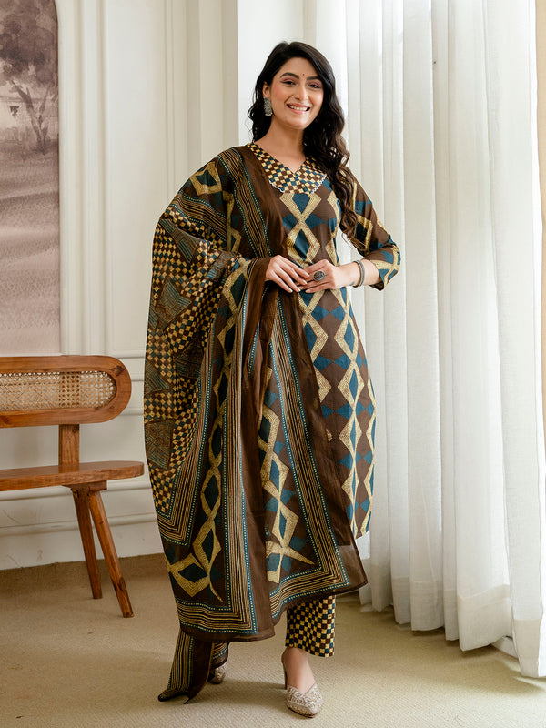 Bordered V-Neck 3-Piece Kurta Set with Ankle-Length Pants & Full-Length Dupatta (M–XXL)