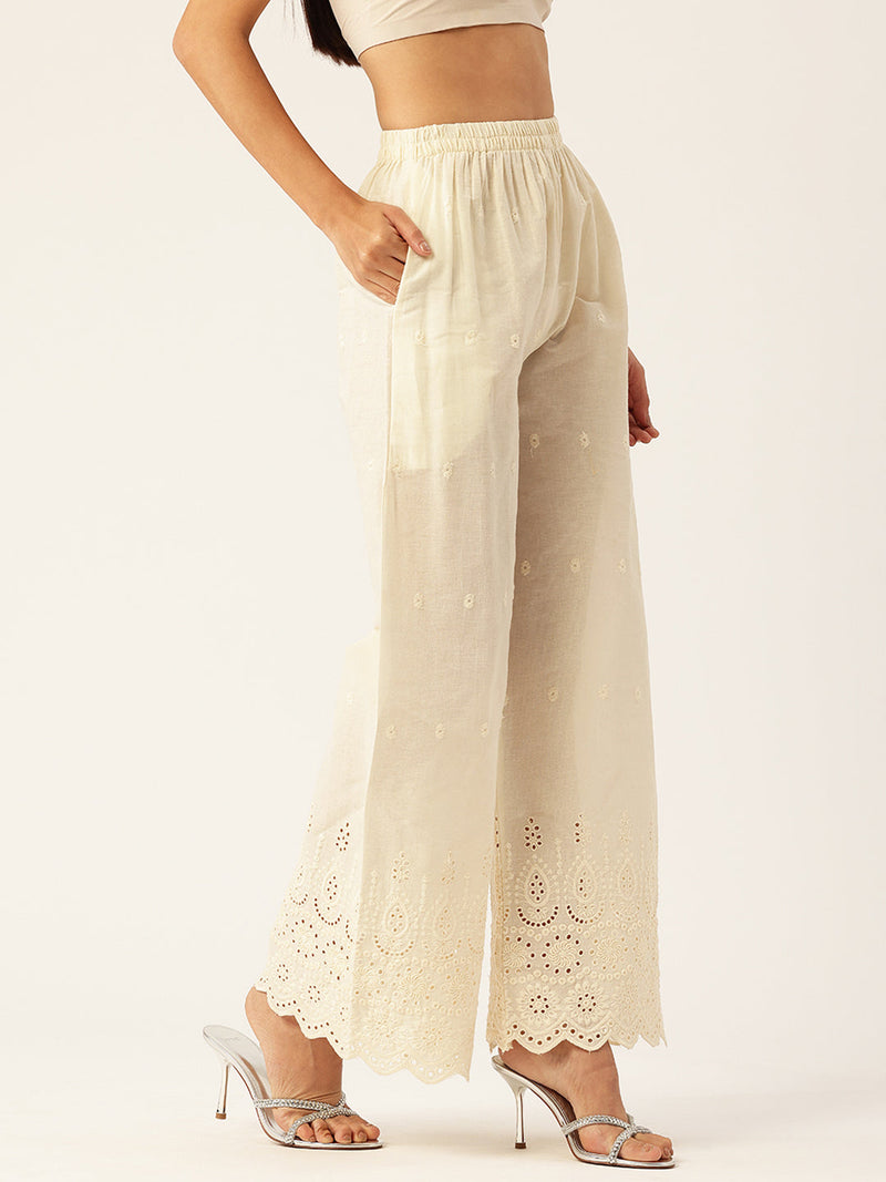 Beige Palazzos | Embroidered Elegnace With Elastic Waist & Single Pocket