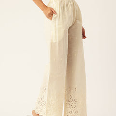 Beige Palazzos | Embroidered Elegnace With Elastic Waist & Single Pocket