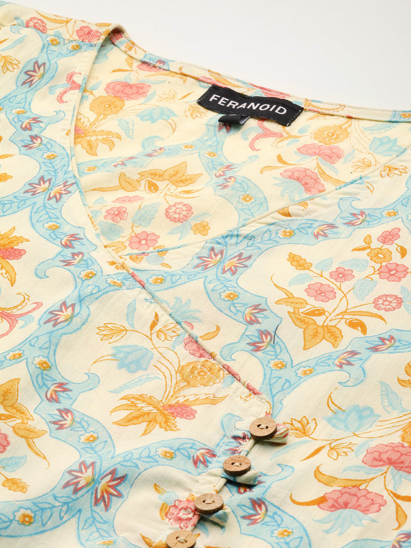 Floral Print 4 Button Angrakha Long Kurti