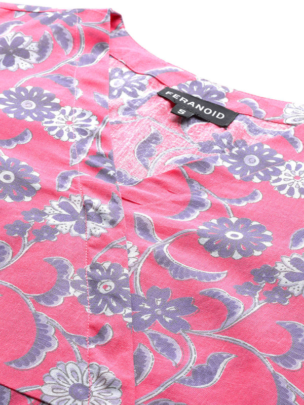 Floral Print Angrakha 3\4 Sleeves Flared Kurti