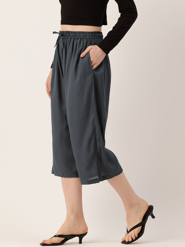 Women's Culottes | Calf-Length Pants with Double Pockets & Elastic Waistband