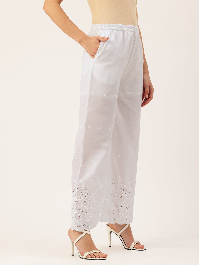 White Embroidered Palazzos–Fully Lined, Elastic Waist & Ankle-Length with Side Pocket