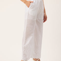 White Embroidered Palazzos–Fully Lined, Elastic Waist & Ankle-Length with Side Pocket