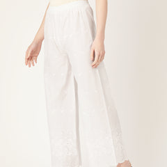 White White Embroidered Cotton Palazzos–Elastic Waist & Ankle-Length with Side Pocket