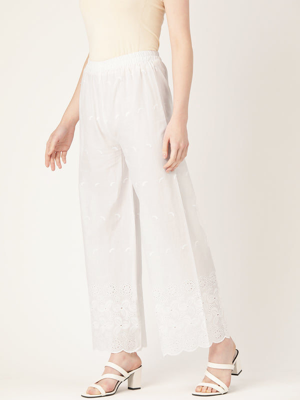 White White Embroidered Cotton Palazzos–Elastic Waist & Ankle-Length with Side Pocket