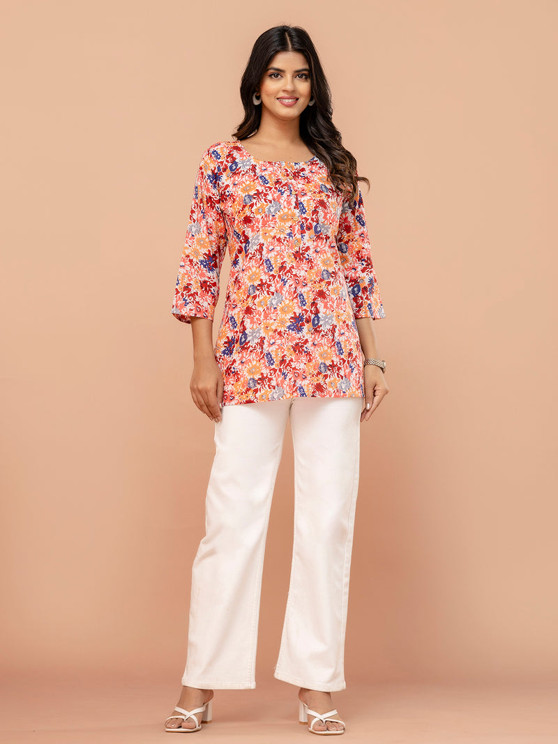 Chic Printed Short Kurti with Round Neck & 3/4 Sleeves
