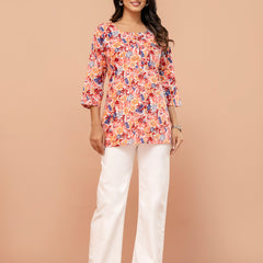 Chic Printed Short Kurti with Round Neck & 3/4 Sleeves