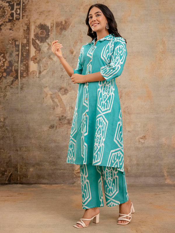 Light Green Women’s Co-Ord Set–Printed Collared Kurta with 3/4 Sleeves & Elastic Waist Pants