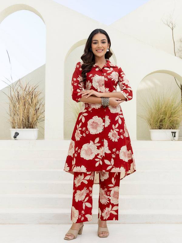 Women’s Co-Ord Set – Printed Collared Kurta with 3/4 Sleeves & Elastic Waist Pants