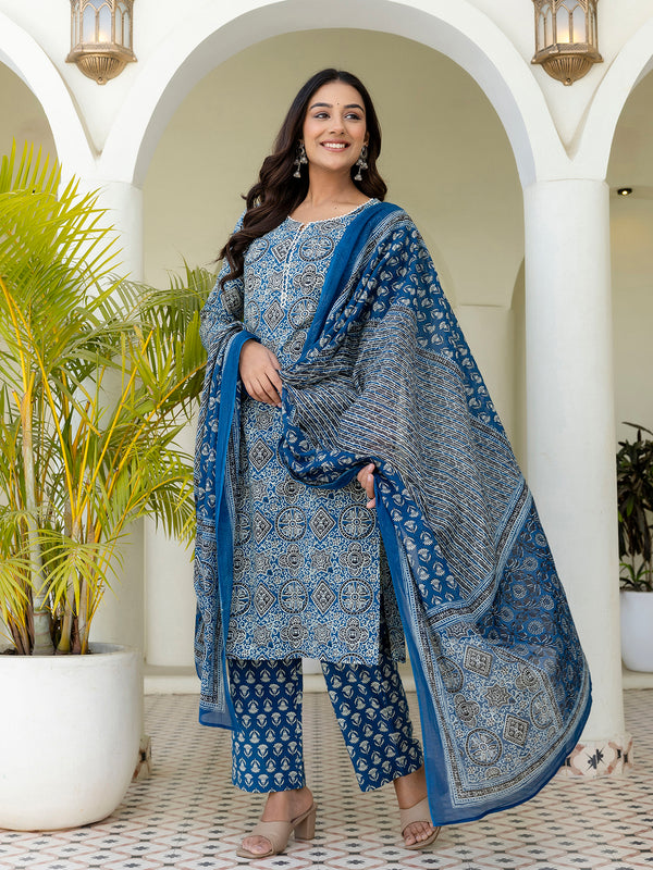 Printed Cotton Lace-Detail Kurta Set with Ankle-Length Pants and Graceful Dupatta