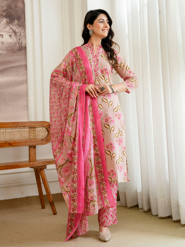 Floral Printed 3-Piece Kurta Set with V-Neckline, Straight Pants & Full-Length Dupatta (Size M–XXL)