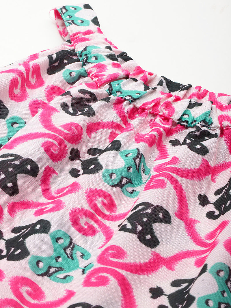 Cropped Sleeveless Elasticated Neck Bottom Flared Top with digital print on linen fabric.  | Size- Small  |  Colour - White, Pink, Green