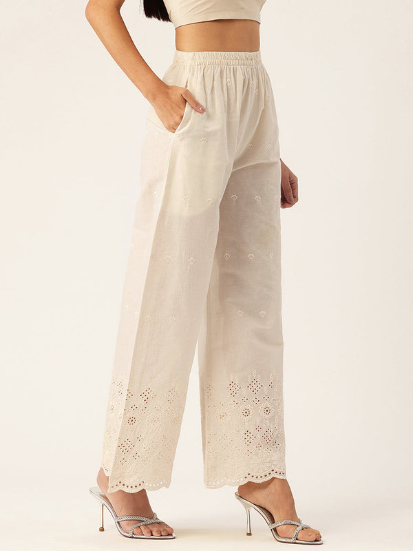 Beige Palazzos | Embroidered Elegnace With Elastic Waist & Single Pocket