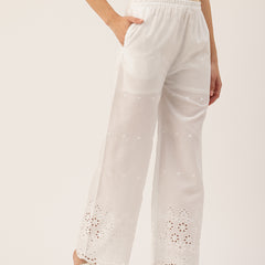 White Embroidered Palazzos–Fully Lined, Elastic Waist & Ankle-Length with Side Pocket