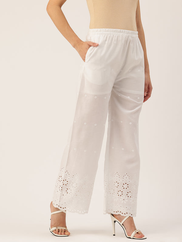 White Embroidered Palazzos–Fully Lined, Elastic Waist & Ankle-Length with Side Pocket