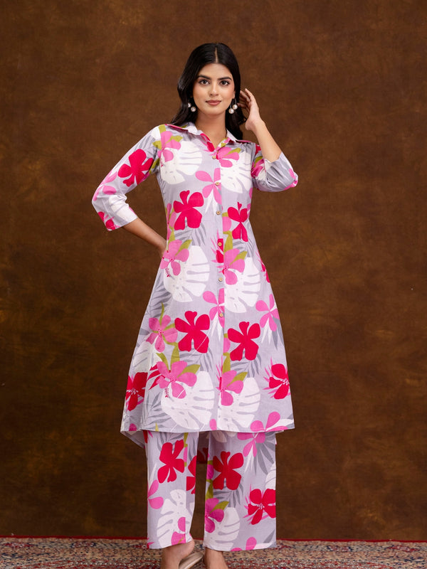 Grey Women’s Co-Ord Set–Printed Collared Kurta with 3/4 Sleeves & Elastic Waist Pants