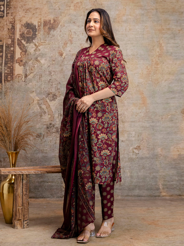 Pure Cotton Maroon V-Neck 3-Piece Kurta Set with Printed Dupatta