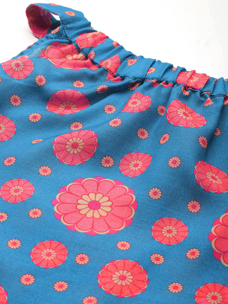 Cropped Sleeveless Elasticated Neck Bottom Flared Top with digital print on linen fabric.  | Size- Small |  Colour - Blue, Red, Yellow