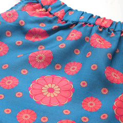 Cropped Sleeveless Elasticated Neck Bottom Flared Top with digital print on linen fabric.  | Size- Small |  Colour - Blue, Red, Yellow