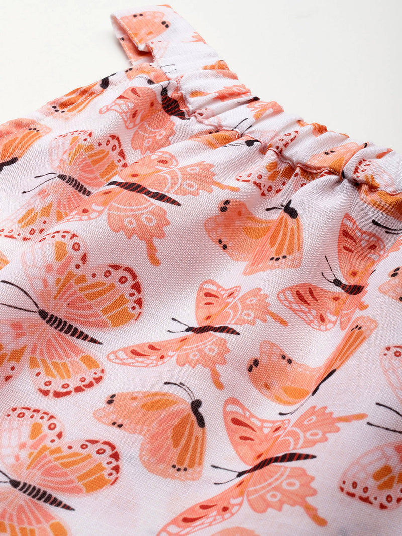 Cropped Sleeveless Elasticated Neck Bottom Flared Top with digital print on linen fabric.  | Size- Small |  Colour - White, Peach