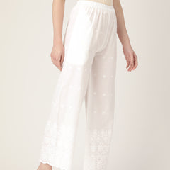 White White Embroidered Cotton Palazzos–Elastic Waist & Ankle-Length with Side Pocket