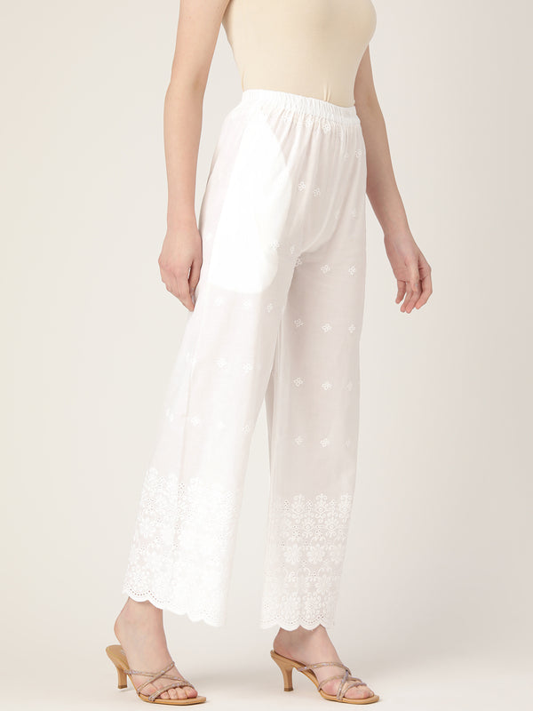 White White Embroidered Cotton Palazzos–Elastic Waist & Ankle-Length with Side Pocket