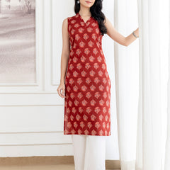 Elegant Sleeveless Cotton Printed Straight Kurta with Refined V-Neckline