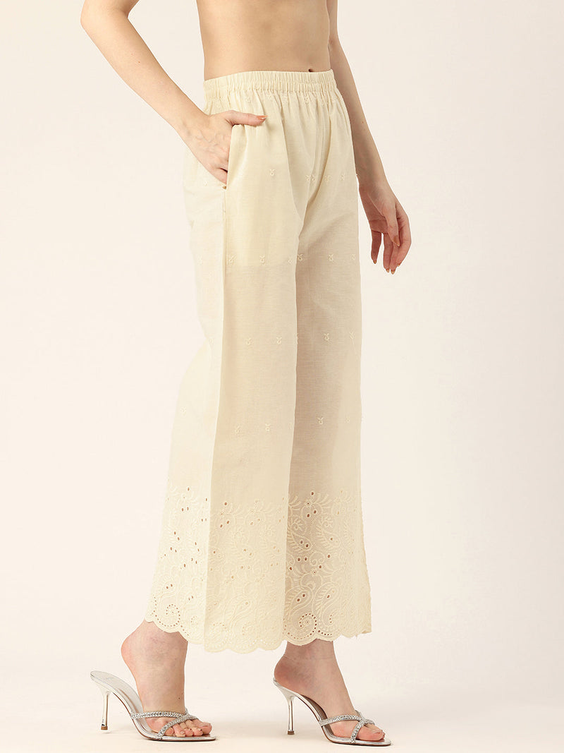 Beige Palazzos | Embroidered Elegnace With Elastic Waist & Single Pocket