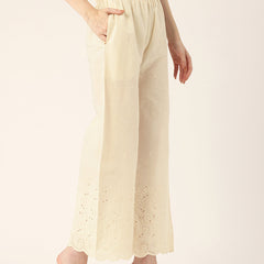 Beige Palazzos | Embroidered Elegnace With Elastic Waist & Single Pocket