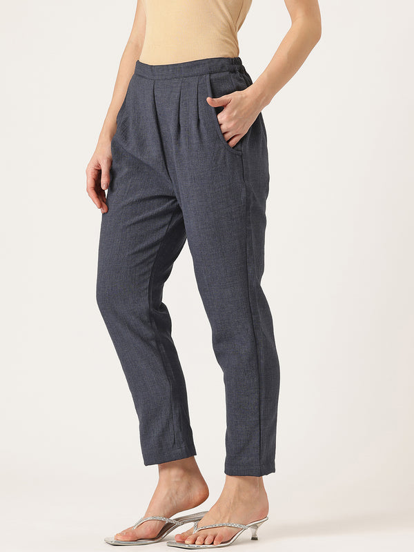 Blue Linen Trouser - Ankle-Length Pant , Partially Elasticated ,Double Pockets