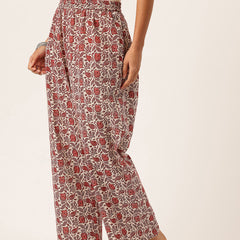 Red Women Pure Cotton Paisley Printed Palazzo Pants | Elastic Waist | Wide Leg