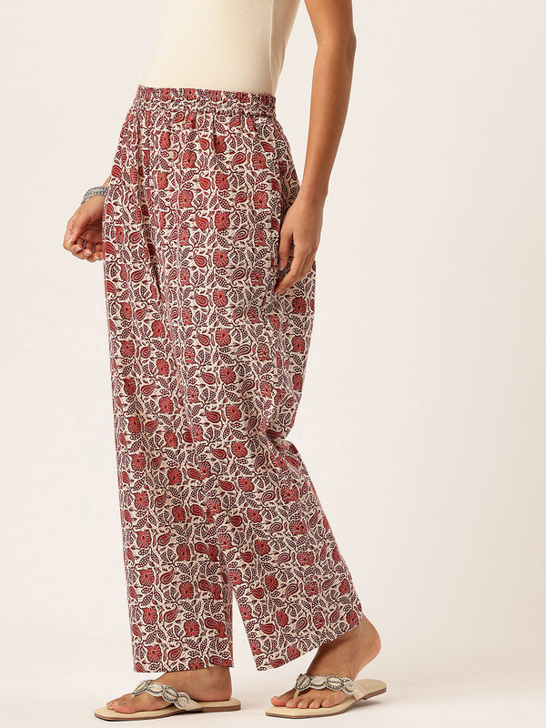 Red Women Pure Cotton Paisley Printed Palazzo Pants | Elastic Waist | Wide Leg
