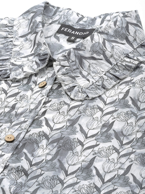 Grey Elegant Collared Co-Ord Set with Frill Detail & Elasticated Pants