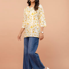 Chic Printed Short Kurti with Round Neck & 3/4 Sleeves