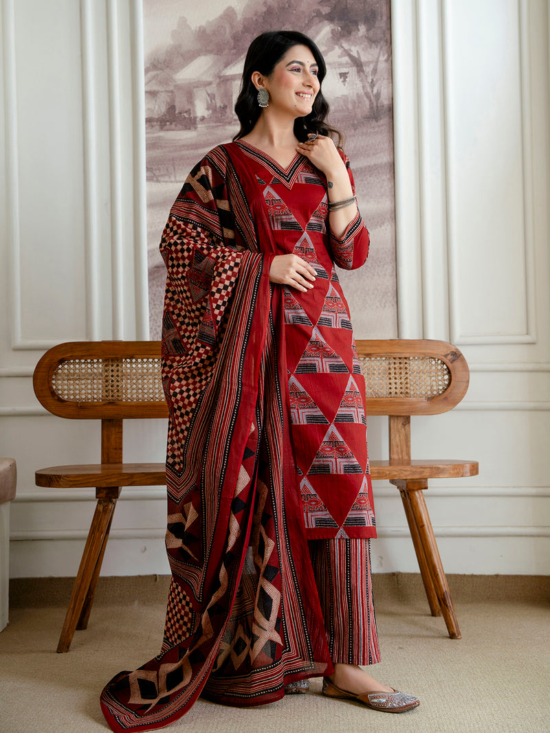 Bordered V-Neck 3-Piece Kurta Set with Ankle-Length Pants & Full-Length Dupatta (M–XXL)