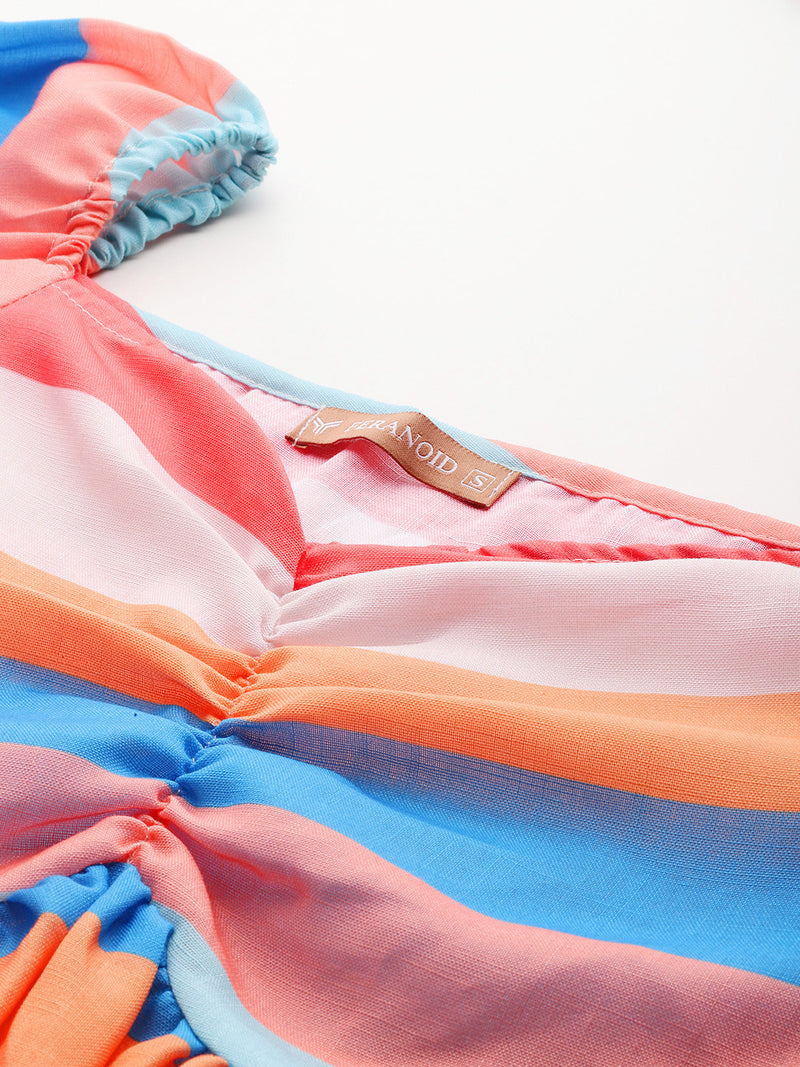 Cropped v-neck peplum puff sleeved top with digital print on linen fabric.