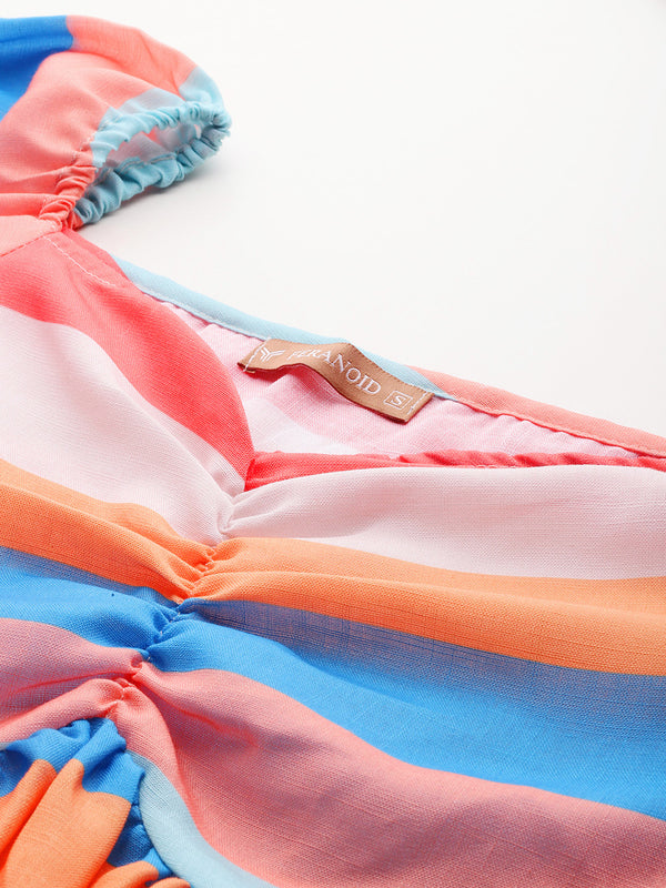 Cropped v-neck peplum puff sleeved top with digital print on linen fabric.